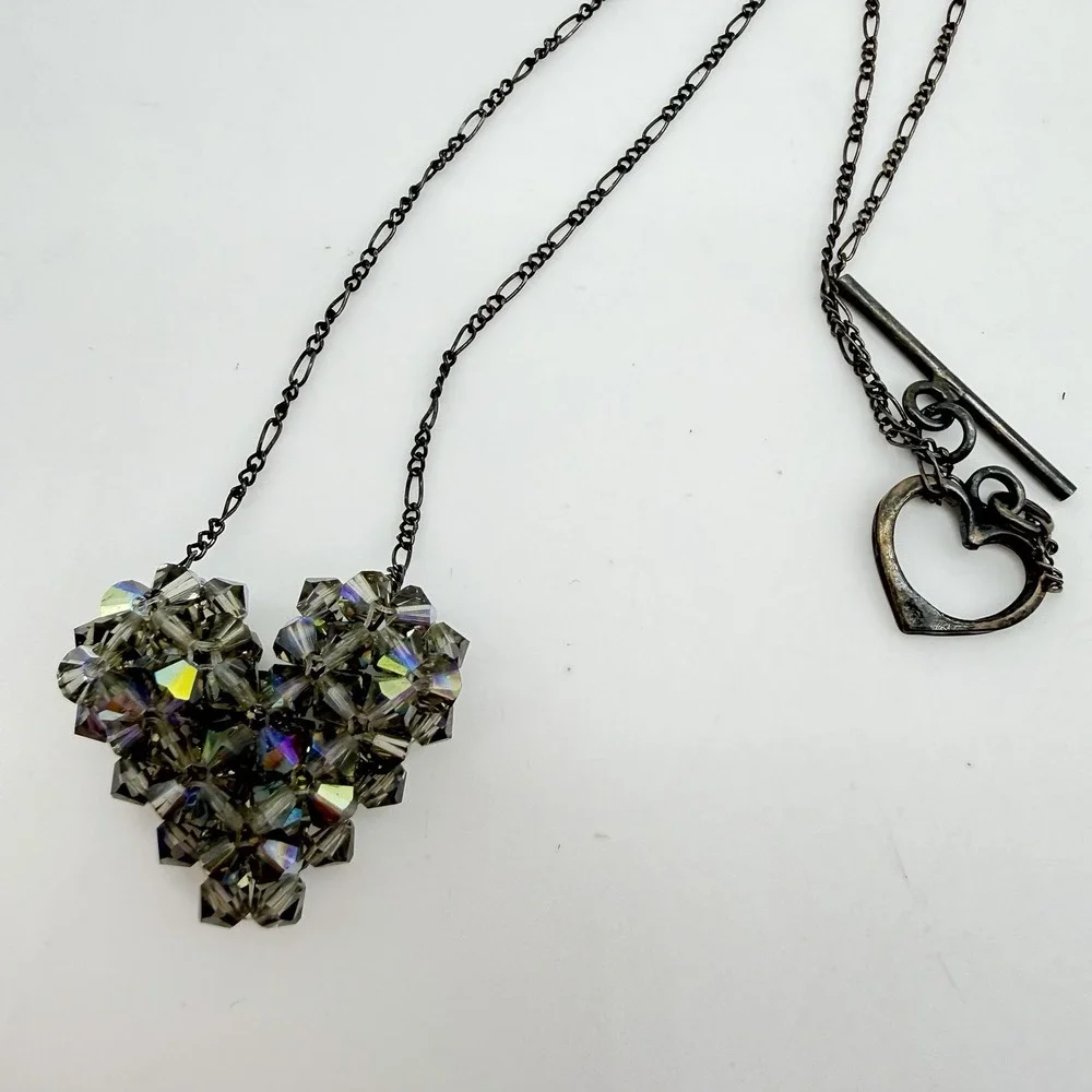 Vtg Swarovski Cluster Heart‎ Necklace Sterling Silver 925 Peacock AB Crystals